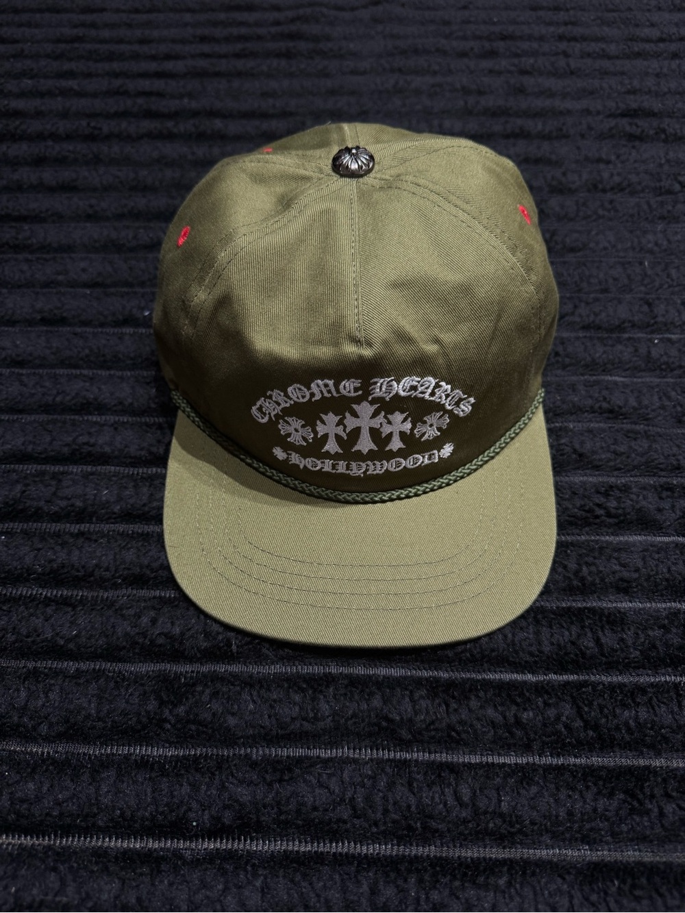 Chrome Hearts Gas Station Hat Olive Green Cap with White Logo and Rope